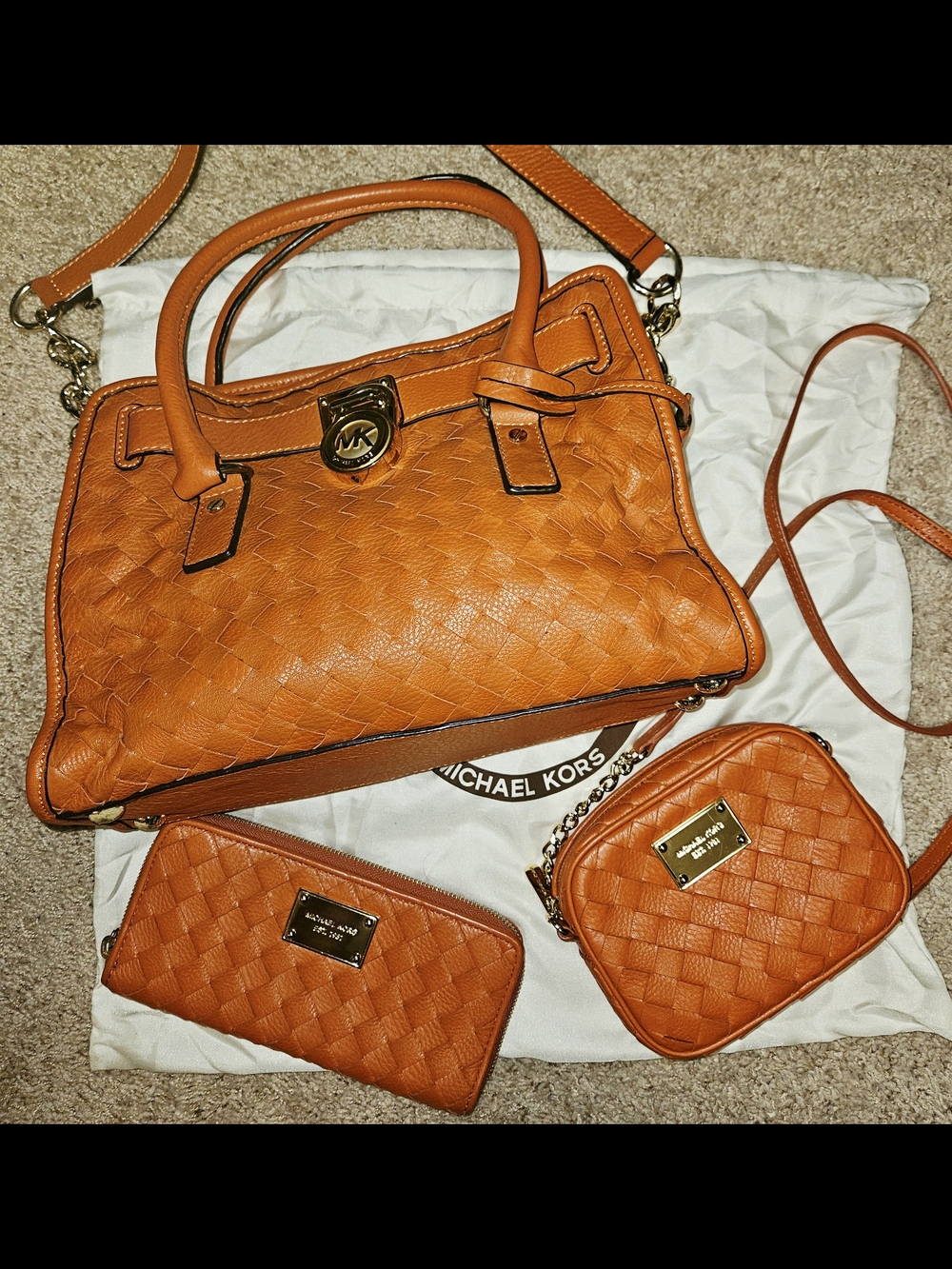 Michael Kors Hamilton Set, Burnt Orange Woven Leather Satchel/Crossbody/Wallet